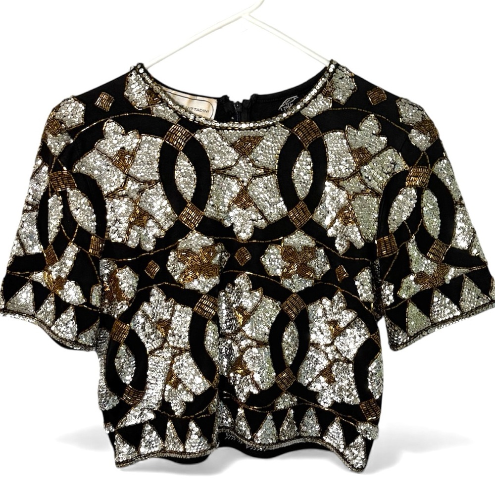 Adrienne Vittadini Vintage Sequin Beaded Crop Top | Black Gold Silver | Size S